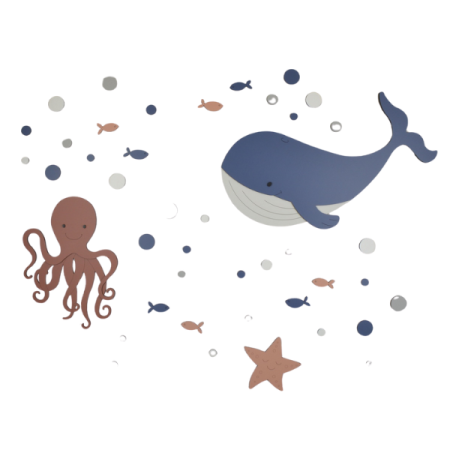 DIY-Oceaandieren walvis, octopus en zeester met visjes en bellen - blank - zelf verven en verlijmen (120x80cm)